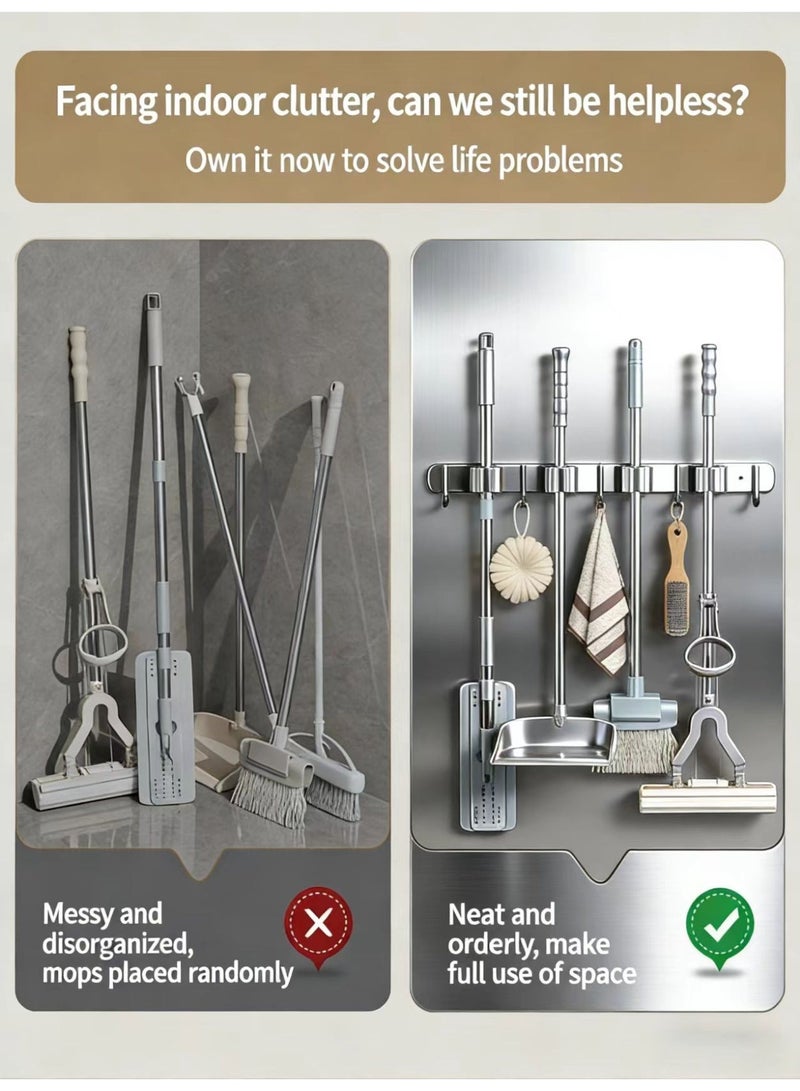 حامل المكانس، ملصقات الغراء أو شماعة الممسحة والمكنسة المثبتة على الحائط، رف تخزين جداري للمرآب، منظم أدوات المطبخ والحديقة (3 رفوف مع 4 خطاطيف، فضي) - Image 2